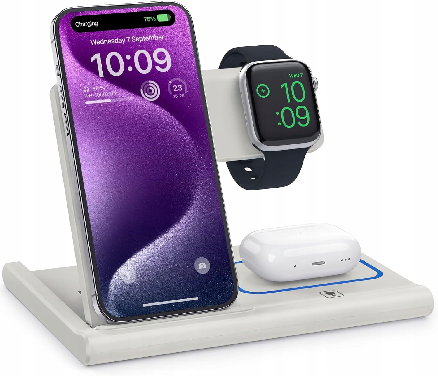 Bezprzewodowa Ładowarka 3w1 iPhone 15–8 AirPods Apple Watch Szybkie Ładowan