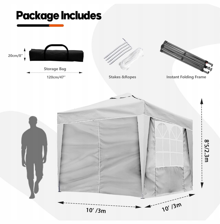 Biely pavilón Záhradný stan 3x3 m Automaticky rozkladací 4 steny