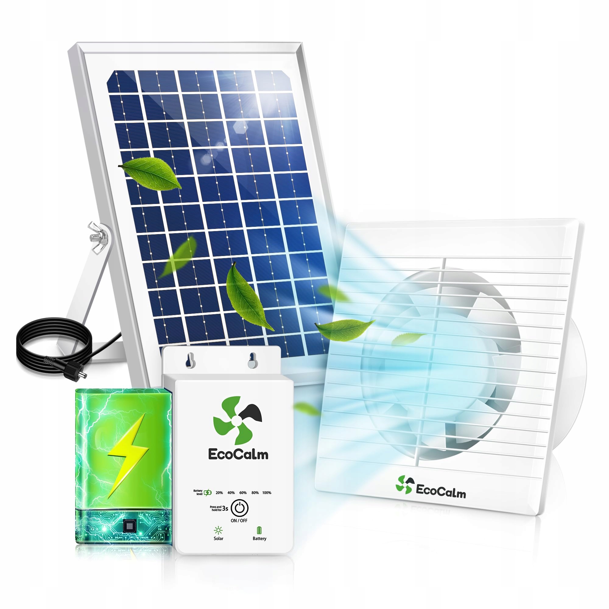 ECOCALM Solarny Wentylator Zewnętrzny 100mm z Powerbankiem Solarnym 12V
