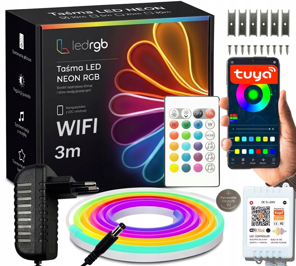 Set Led Pásek Neon 3M Rgb (1x3) Aplikace Wifi Tuya Dálkový Ovladač Napájecí Zdroj IP67