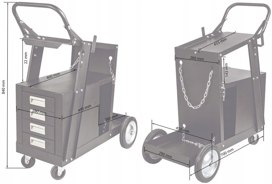 WÓZEK SPAWALNICZY Z SZUFLADAMI DO SPAWAREK PÓŁKA NA BUTLE MOCNA Wysokość produktu 65 cm