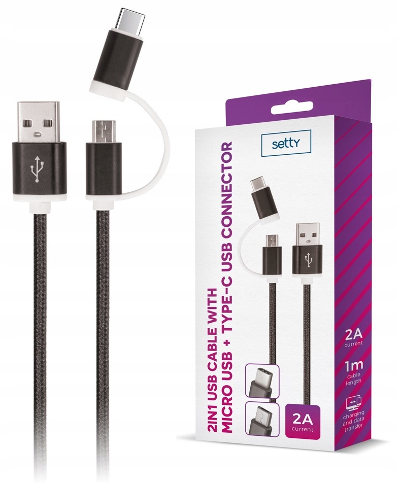 

Kabel 2w1 Usb – micro Usb / typ C 1m do Ładowarki