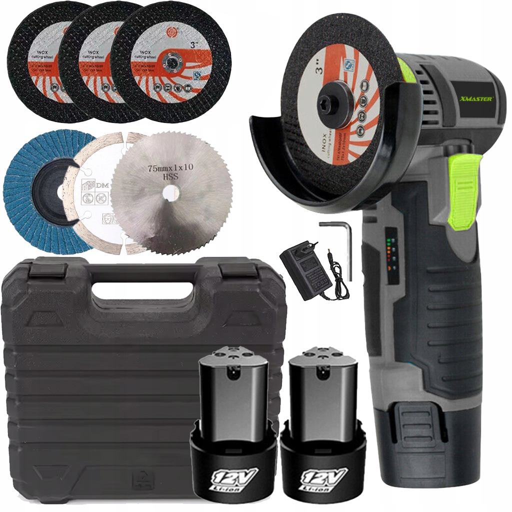 Szlifierka Kątowa Do Cięcia Akumulatorowa 19500 Rpm 6 Tarcz Zestaw 2x Aku