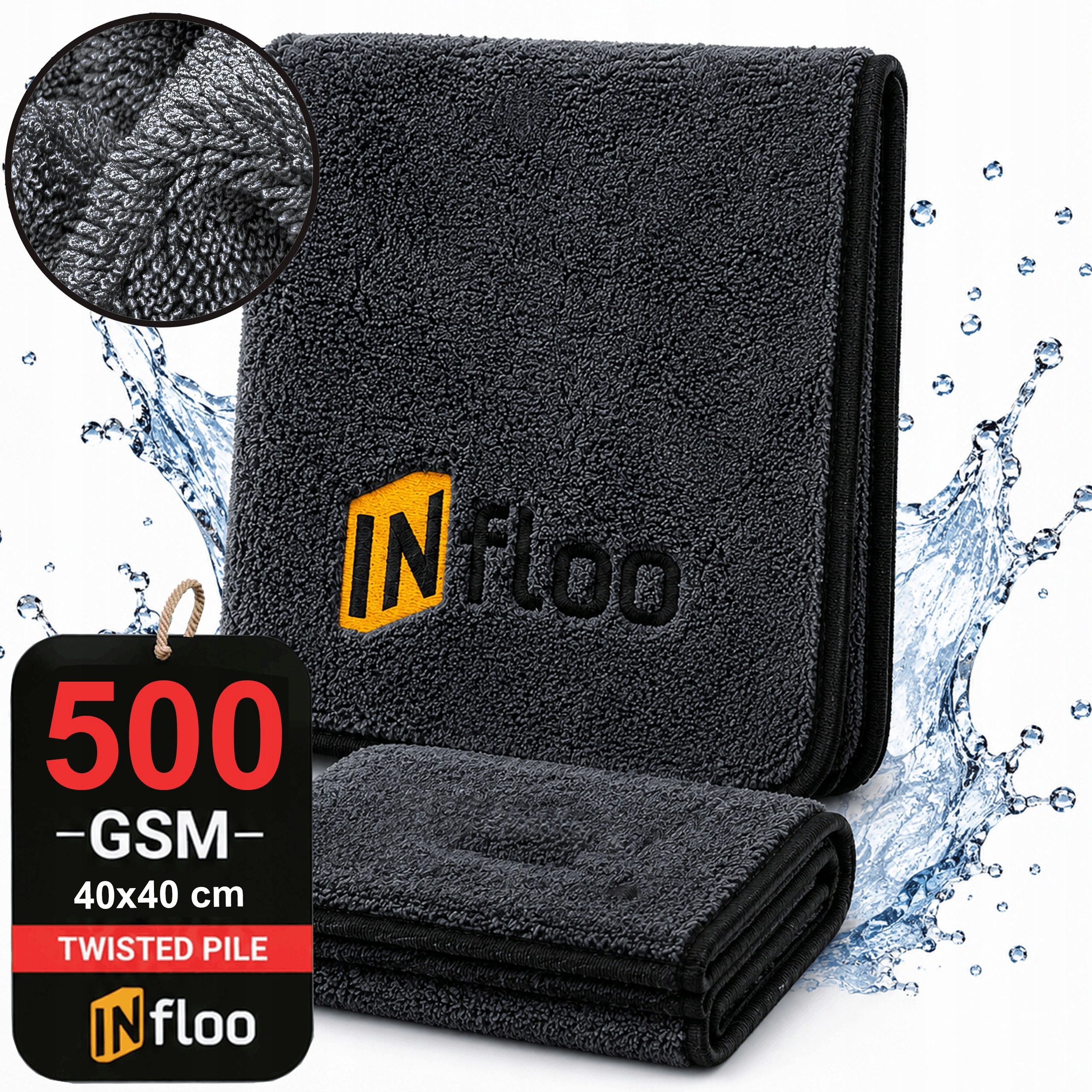 INfloo Ściereczka z Mikrofibry do Auta i Szyb 40x40CM 500GSM Twisted Pile