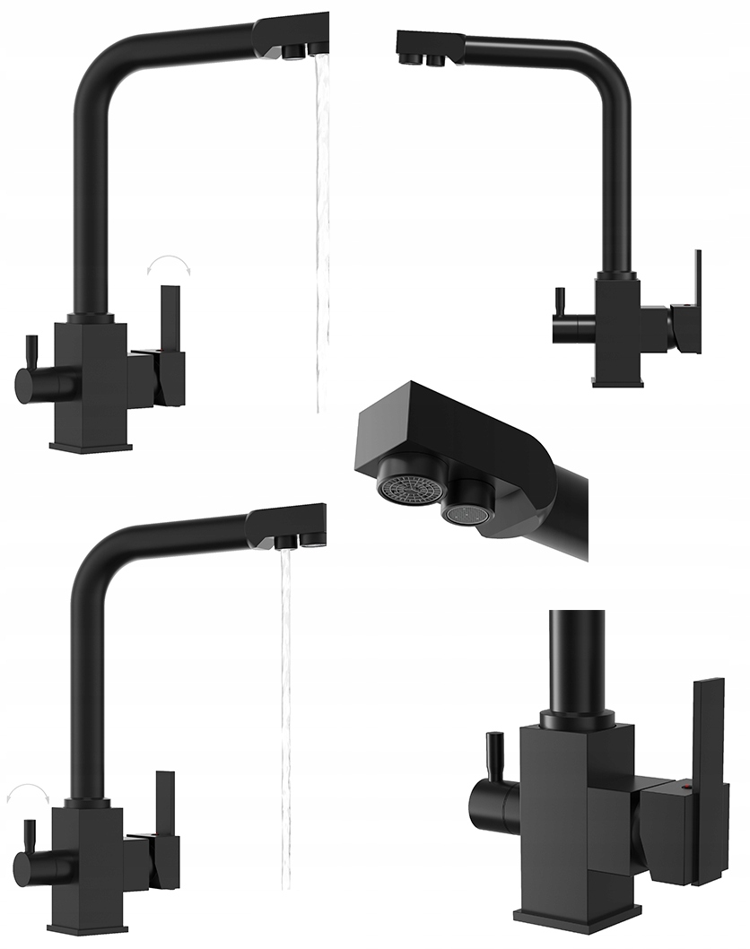 Batéria Node čierna trojcestná kuchynská pre vodný filter, kohútik, výtokový filter