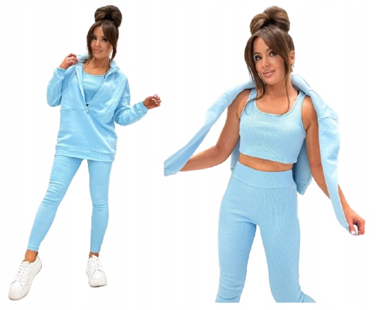 Komplet dresowy damski bawełniany 3-częściowy bluza na suwak top leginsy