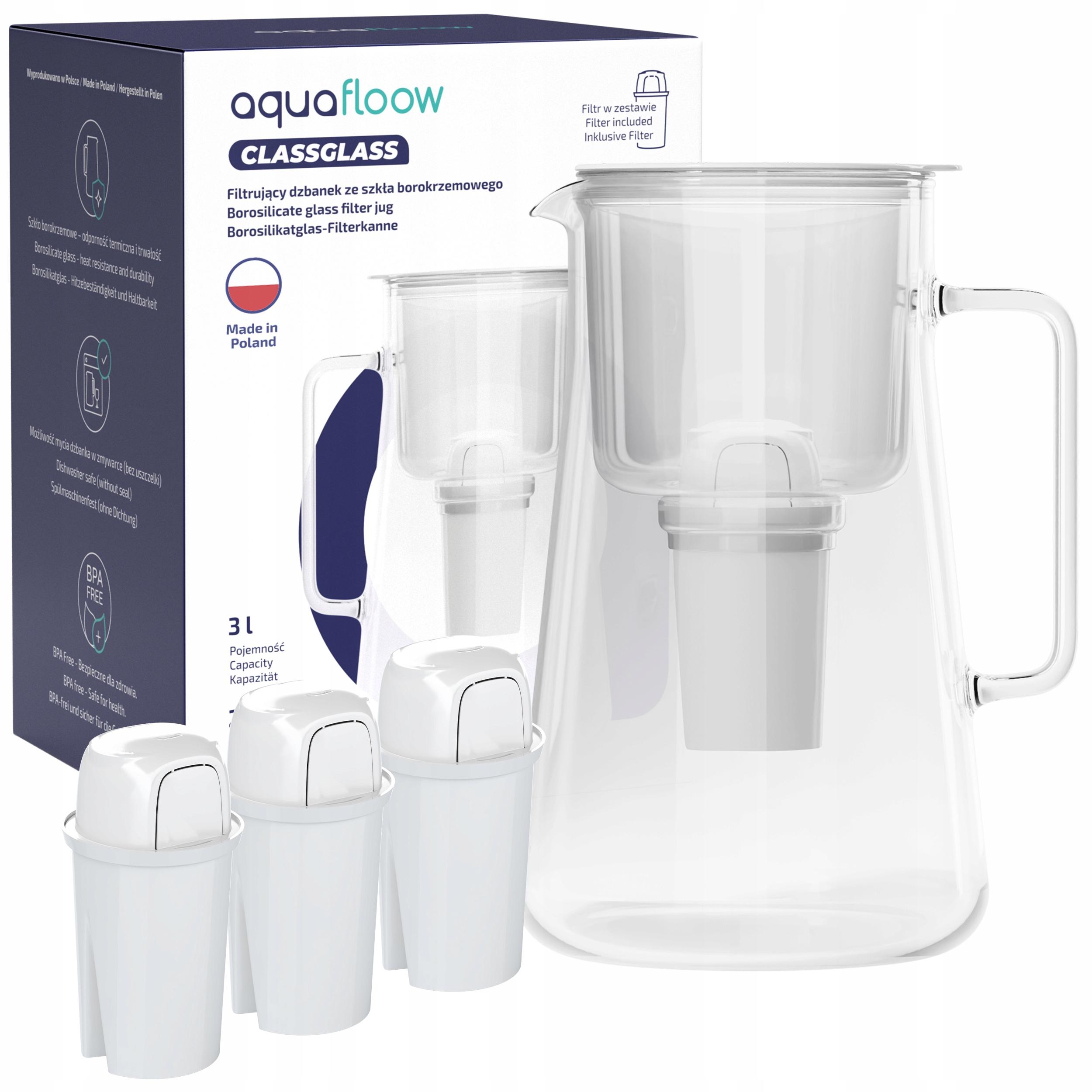 Dzbanek filtrujący szklany AquaFloow ClassGlass 3l 4x filtr AquaFloow