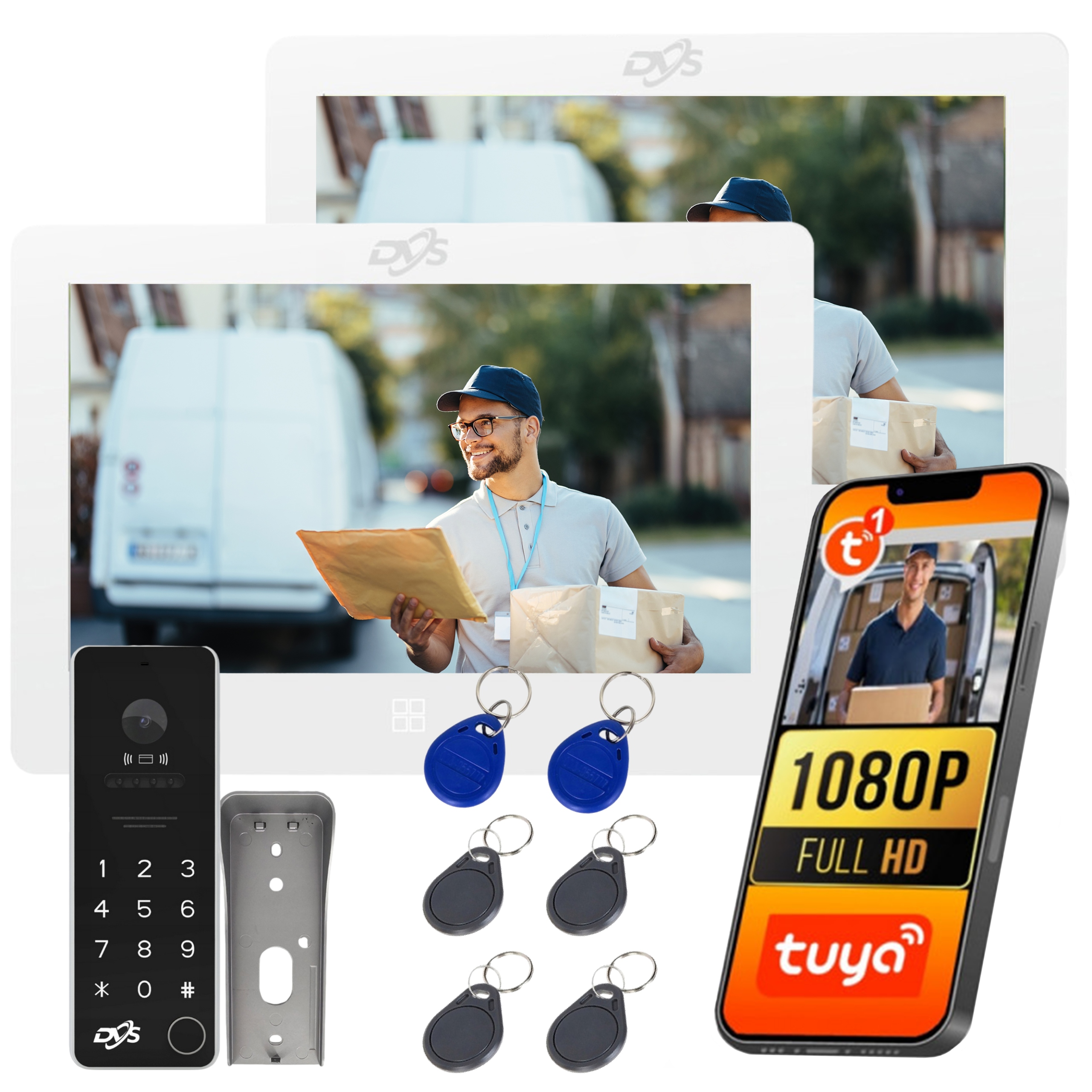 Videovrátnik Domofón WiFi 2 Monitory Dotykové Biele Rfid Kľúčenky Tuya Dvs