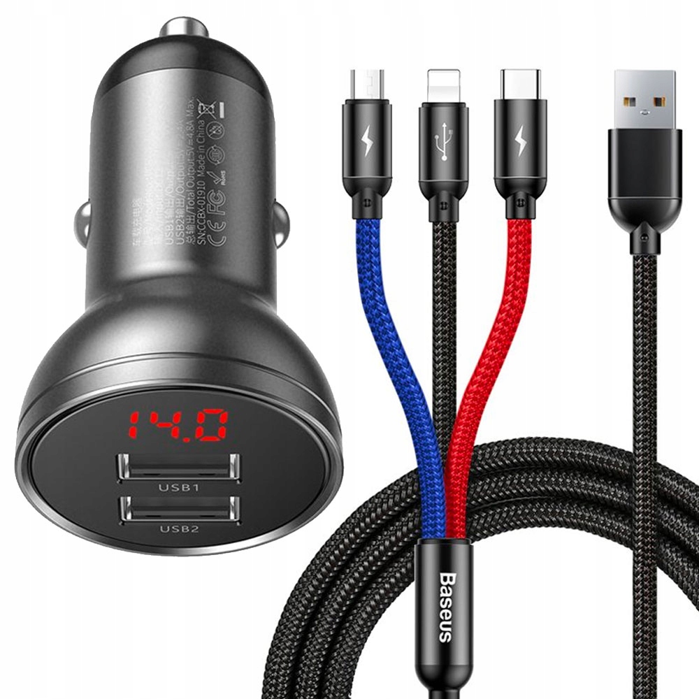 

Baseus Ładowarka Samochodowa 24W Z LCD Kabel 3w1