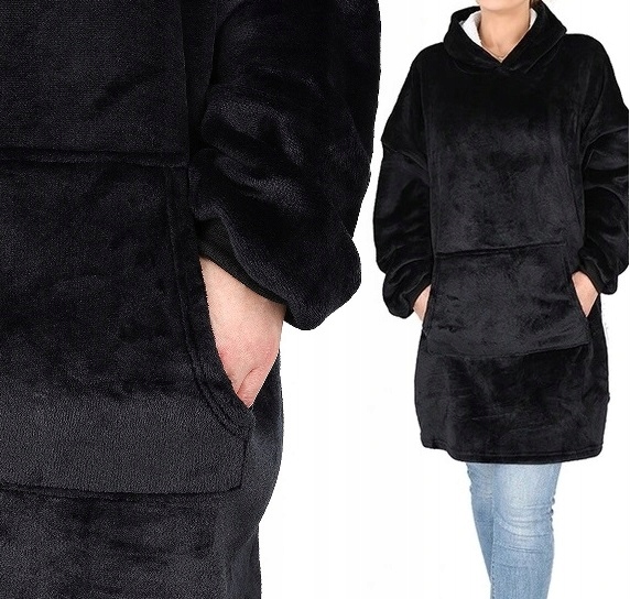 CIEPŁA BLUZA KOC OVERSIZE FUTRZAK 2W1 GRUBA XXL BLACK Rozmiar XL/XXL