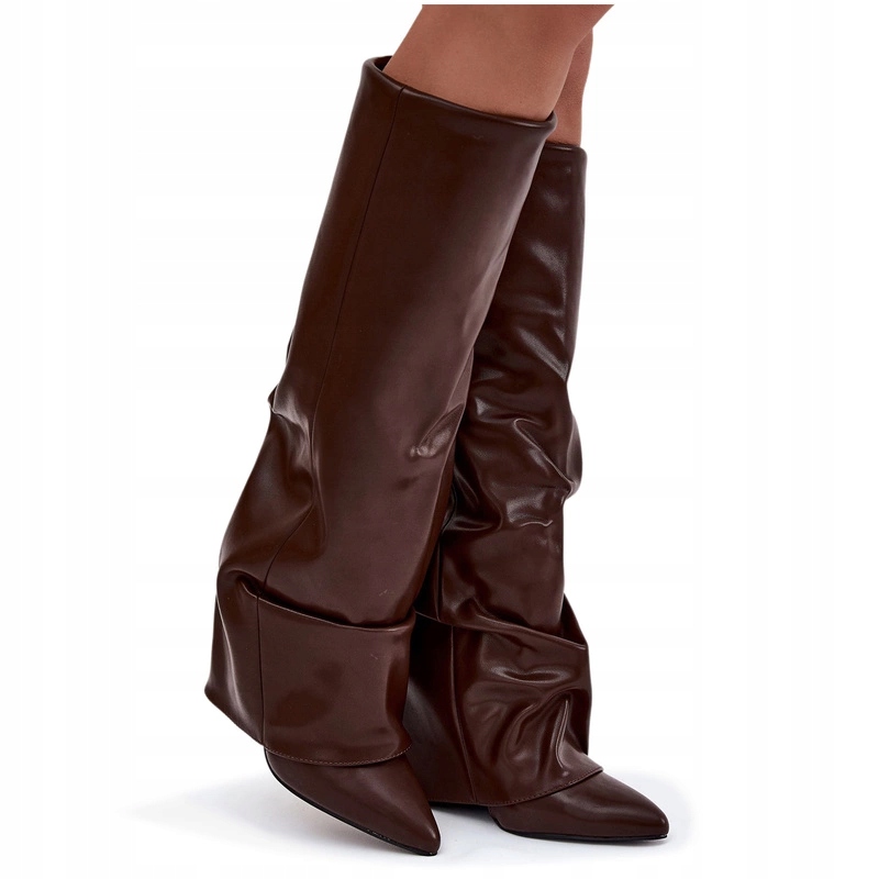 Zateplené Kozačky Vyhrnutý Svršek Podpatek Sloupek Nazouvací Čokoládový 39