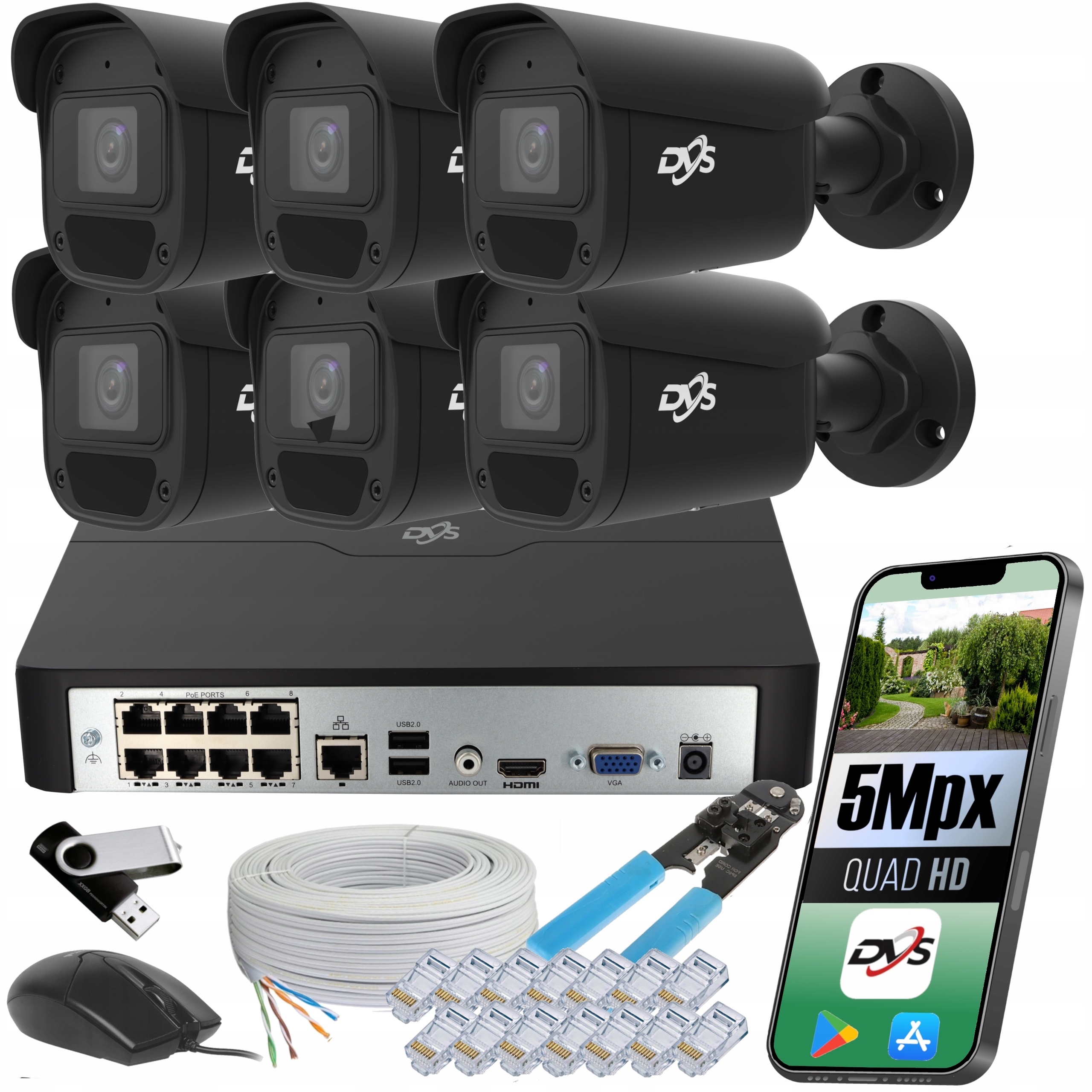 Sada Ip 6 Venkovních Kamer Napájení Poe Kroucená Spojka Aplikace Pro Telefon