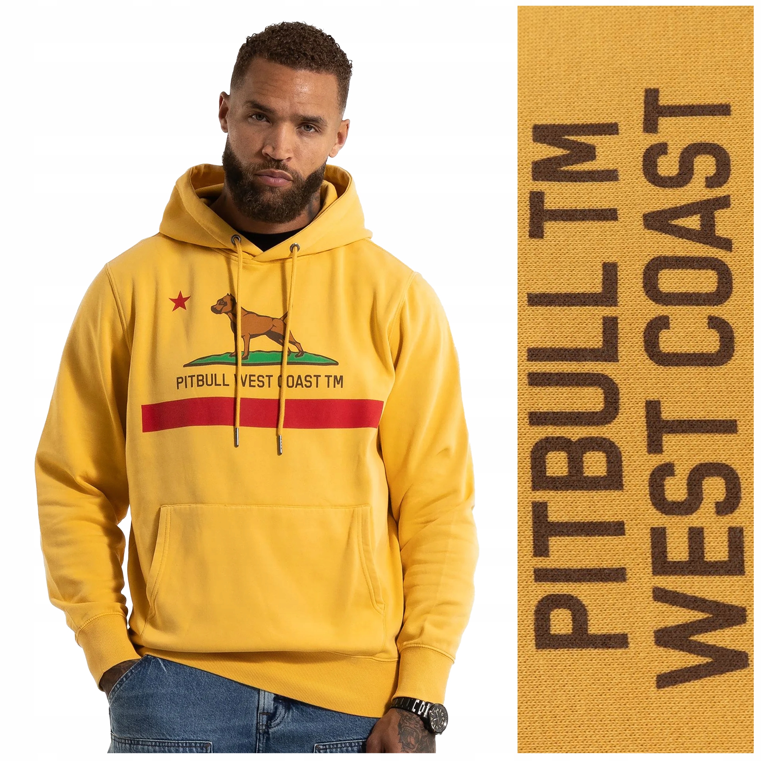 Pánská mikina s kapucí washed Pit Bull "california Flag" vel. XXL žlutá
