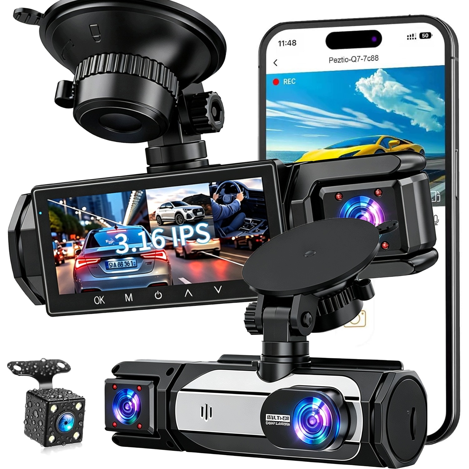 Rejestrator Jazdy Kamera Samochodowa 3 Obiektywy Full Hd Z Podczerwienią