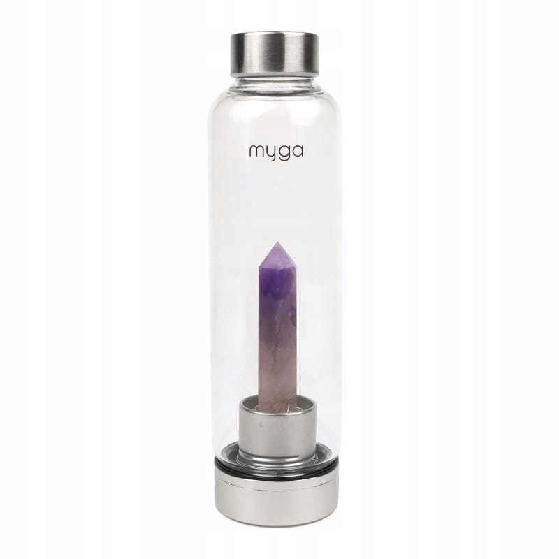 Skleněná lahvička na vodu myga s ametystem, neoprenový obal, 500 ml