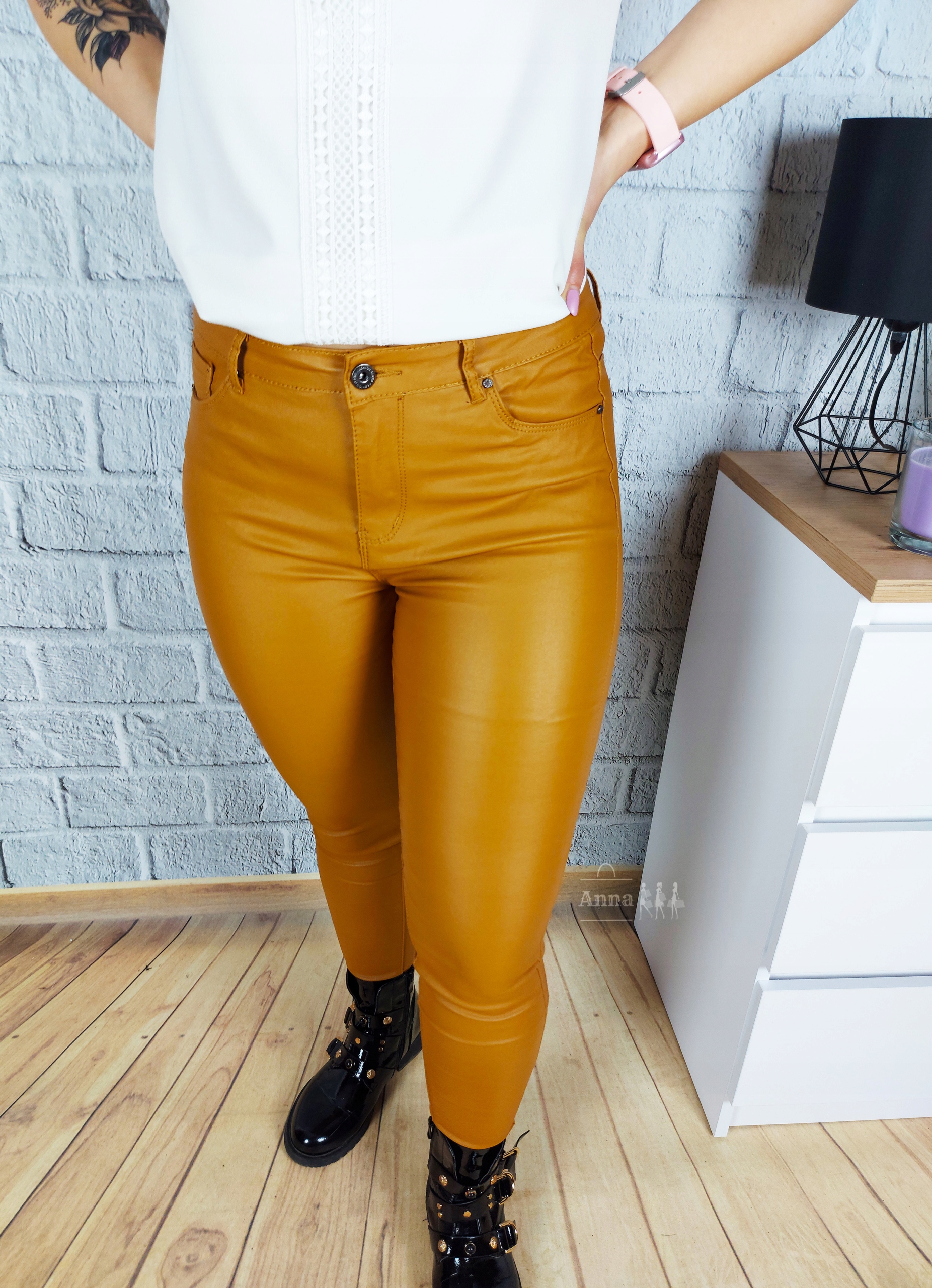 SPODNIE WOSKOWANE GOODIES JEANS BRĄZOWE SKÓRA R36 Kolekcja GOODIES