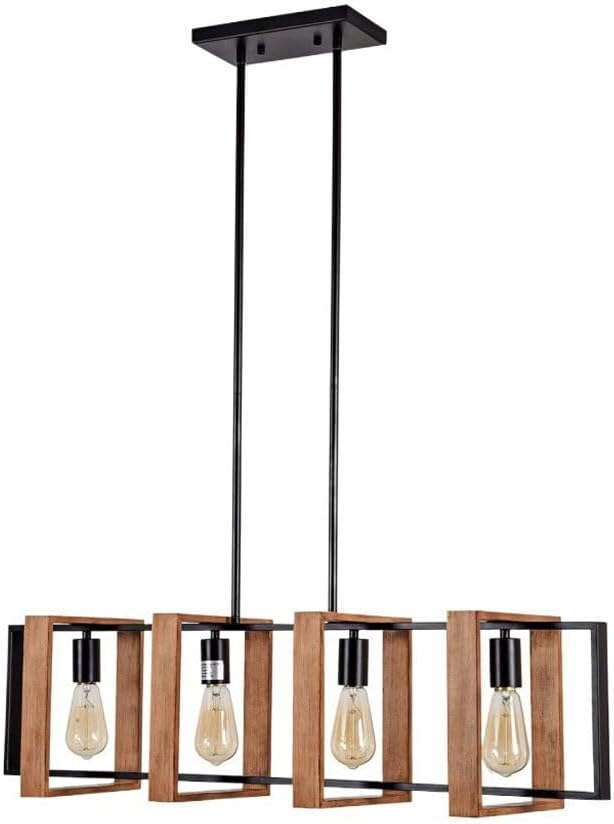 Moderný industriálny ostrovný luster s 4 svetlami, lineárna drevená lampa