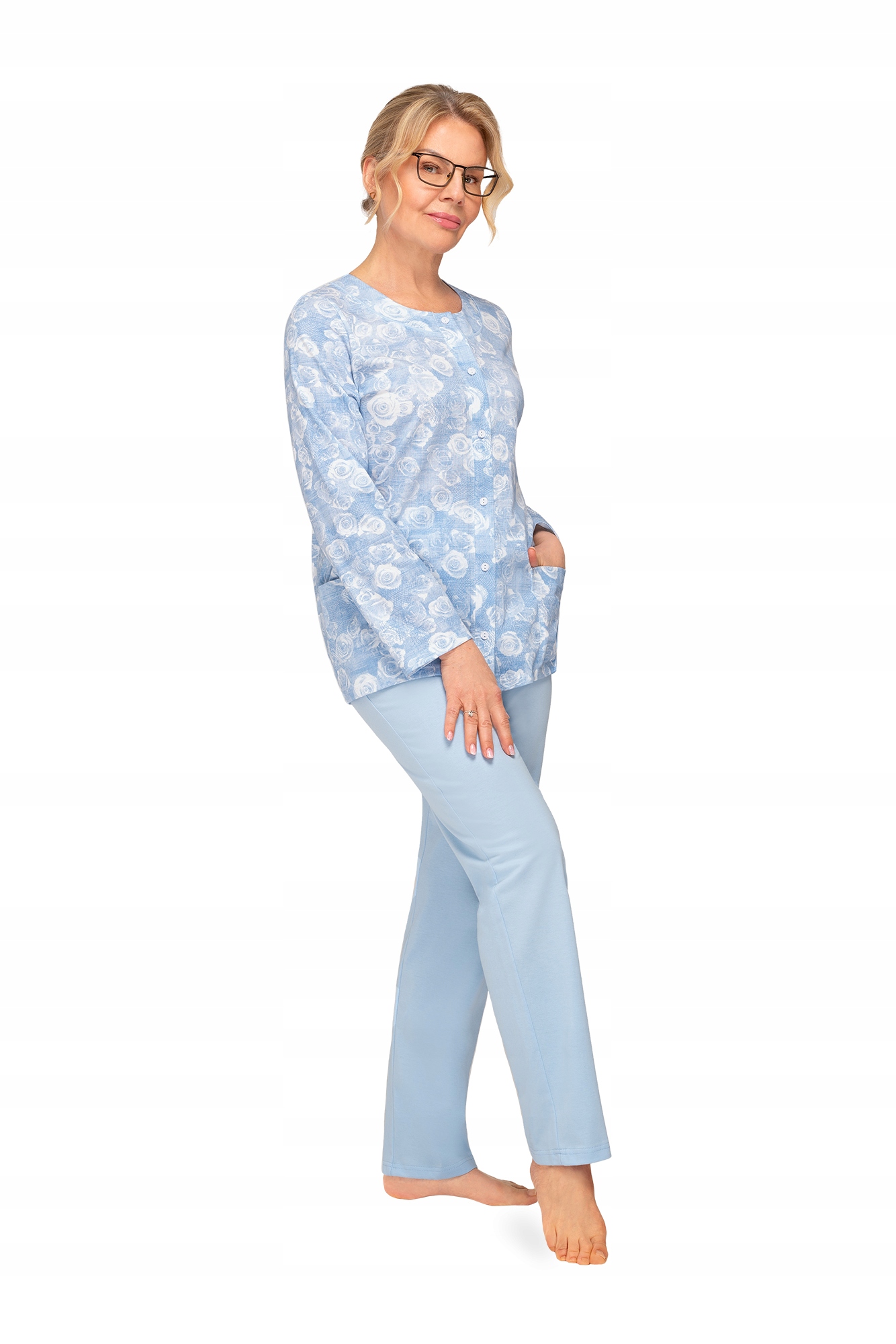 Piżama Damska XL Niebieska Długi Rękaw Rozpinana 100% Bawełna