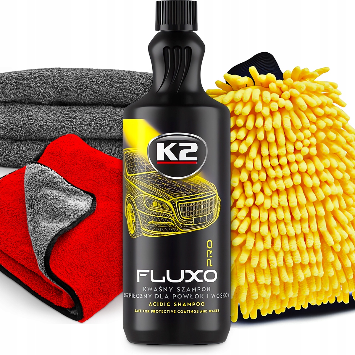 K2 Fluxo 1L Kwaśny Szampon Do Mycia Auta Rękawica Z Mikrofibry Ręcznik