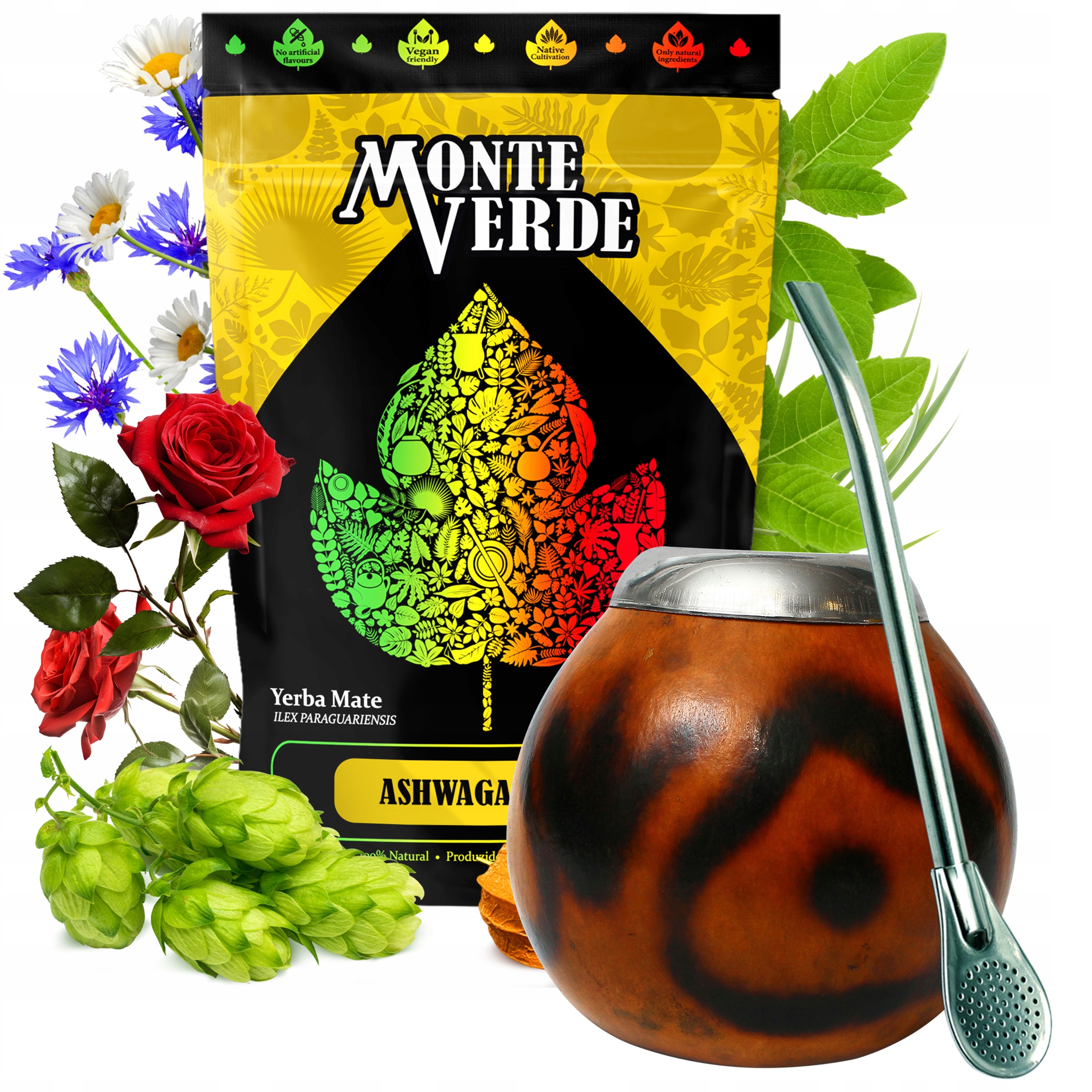 Levně Sada Yerba maté Monte Verde Ashwagandha 500 g přírodní tykev Bombilla