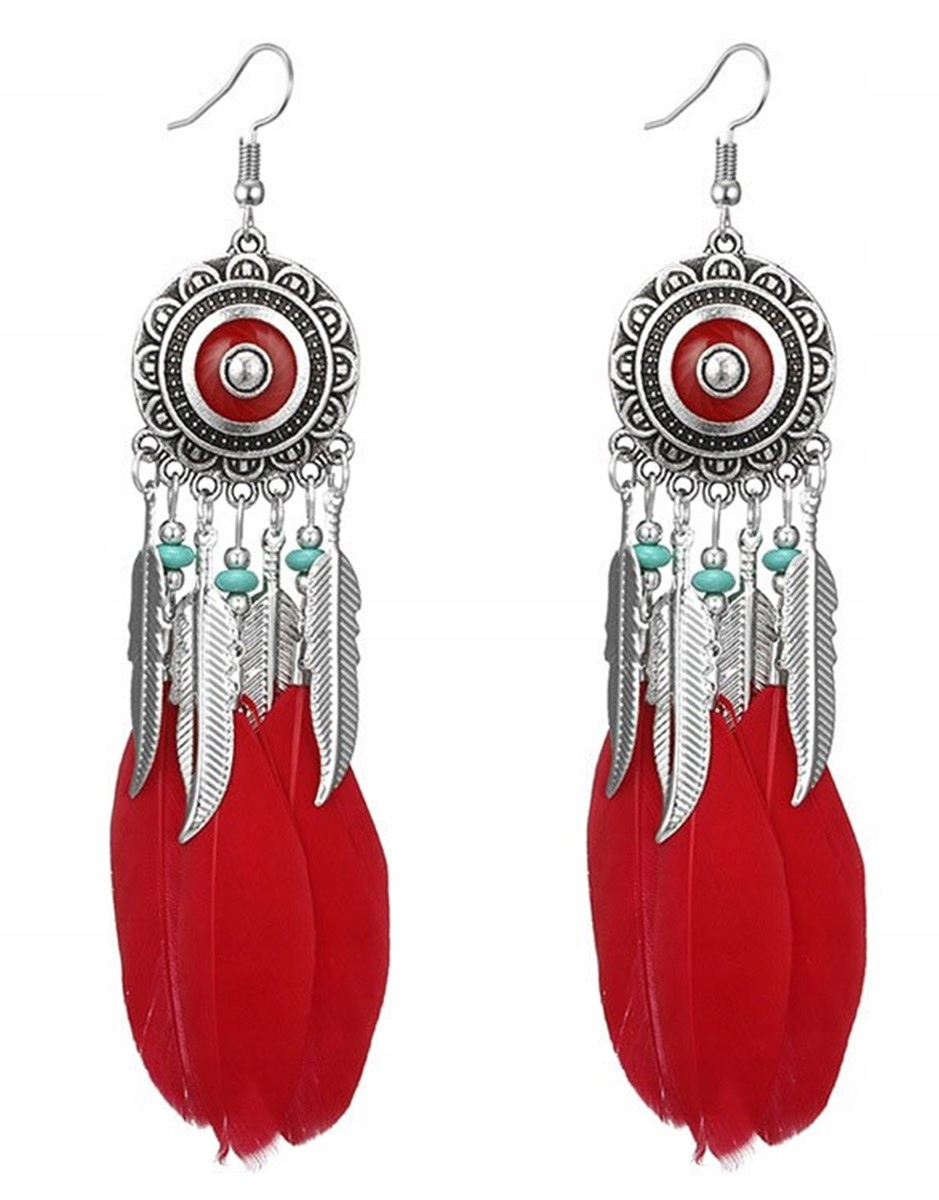 

Kolczyki długie piórka boho pióra czerwone