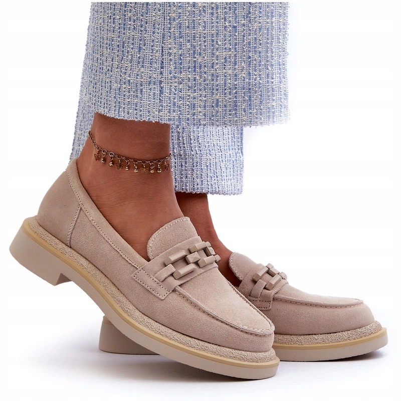 Mokasyny Damskie Zamszowe Na Płaskim Obcasie Z Ozdobą D&a TW101 Beżowe 39