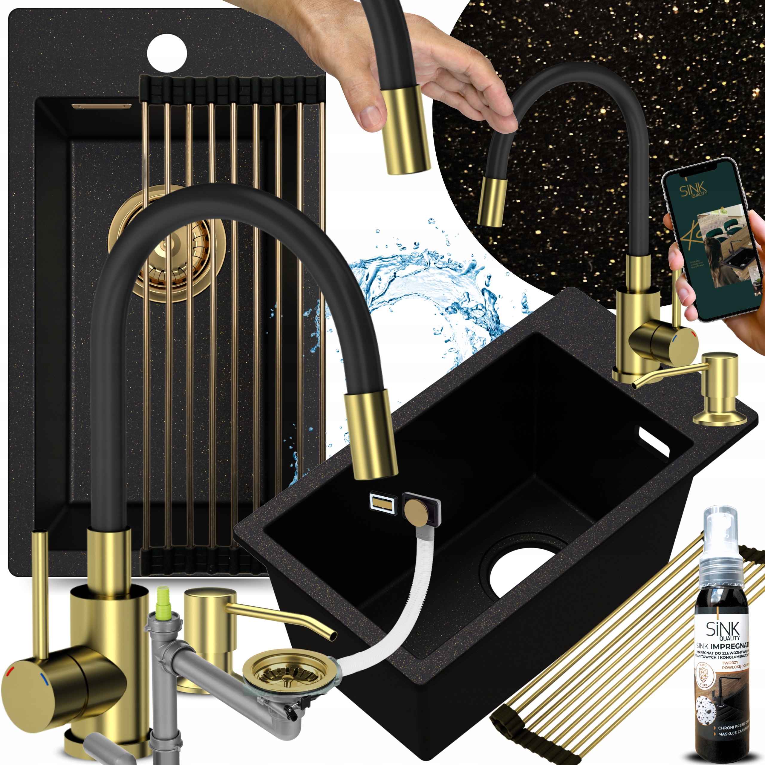 Jednokomorový granitový Dřez Zlatý s flexibilní baterií Malý Úzký