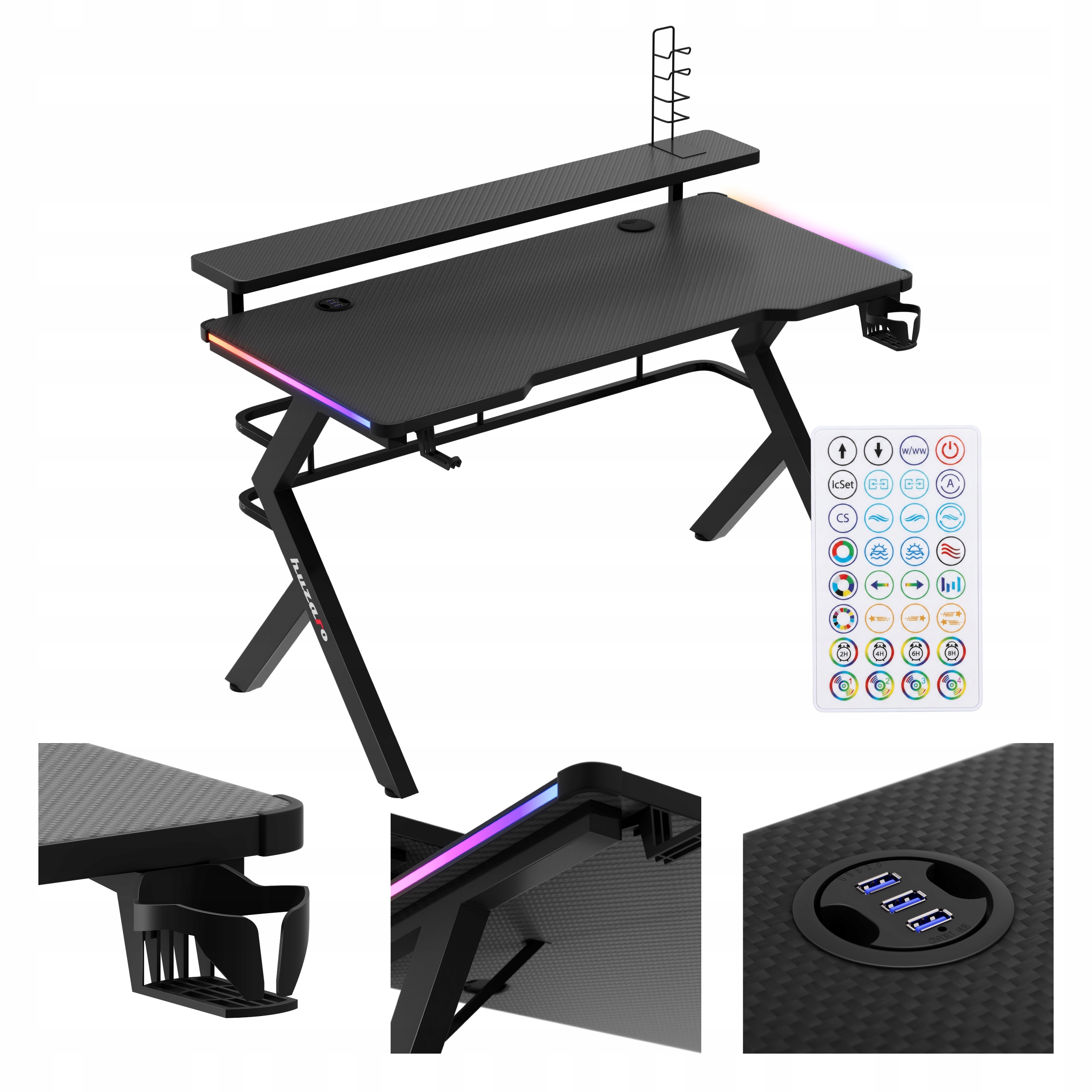 Biurko gamingowe z nadstawką Huzaro czarny Rgb Led do komputera małe 120x60