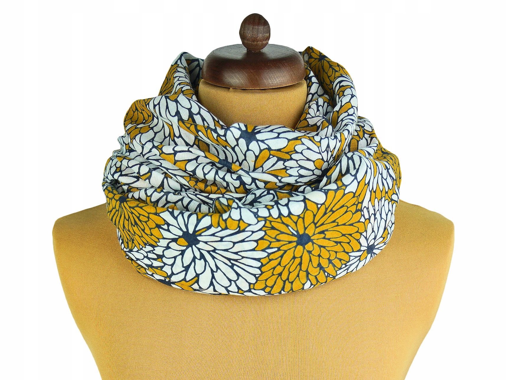 SZAL MOTYW ROŚLINNY KWIATY MUSZTARDOWO BIAŁE Marka Tissino