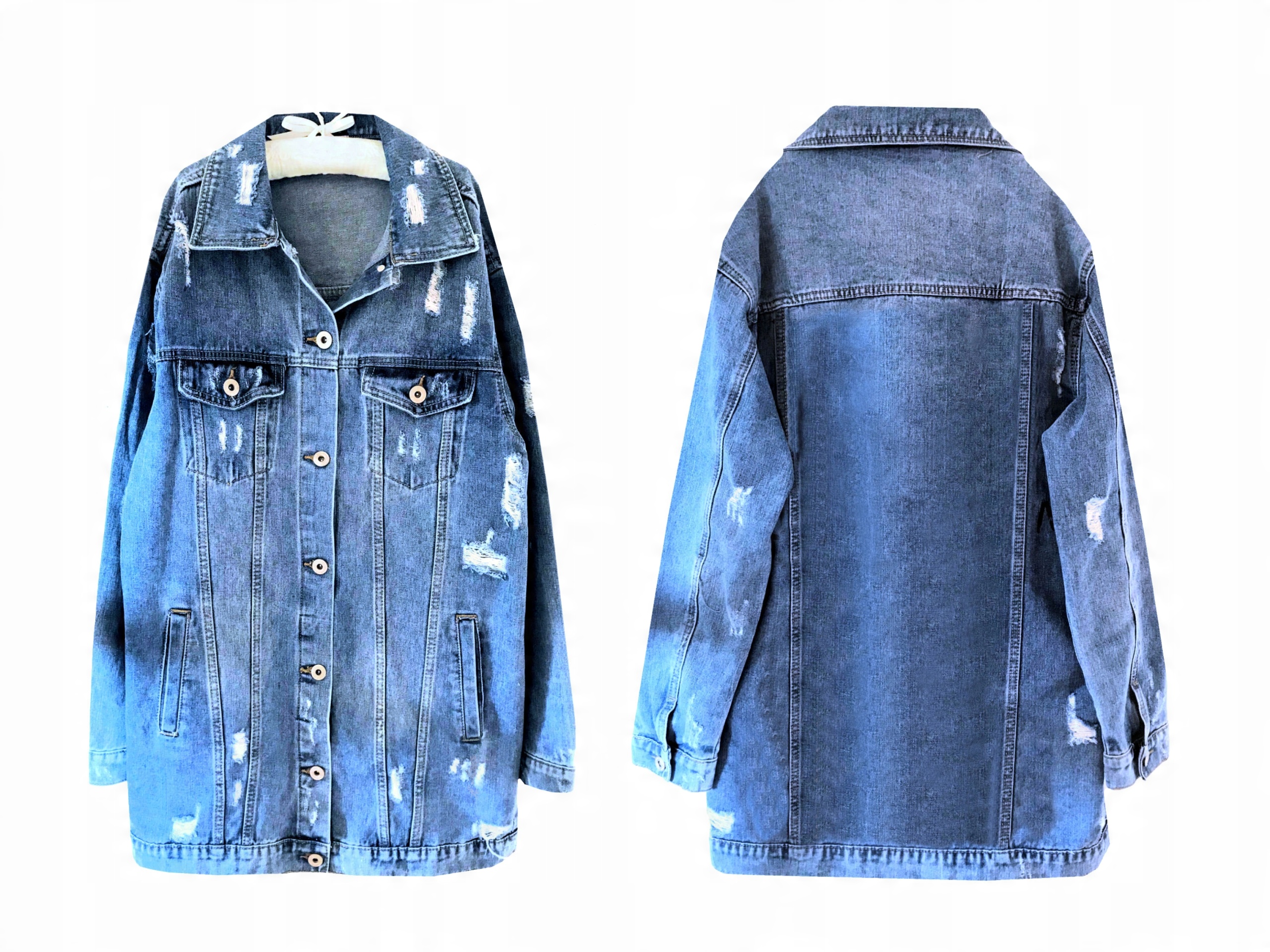 

Katana Jeans długa kurtka Dziury Przetarcia XL