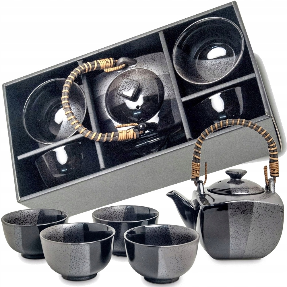 Japonský elegantný set na čaj Šedo-čierny 5 kusov Džbán 600 ml