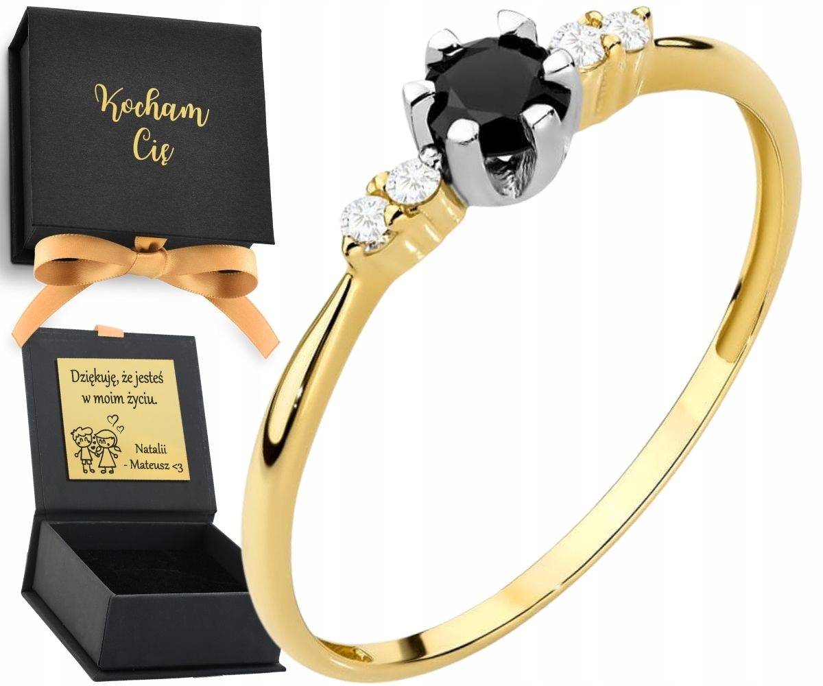 Zlatý Prstýnek S Černým Kamenem A Zirkonem 585 Gravírování Dárek