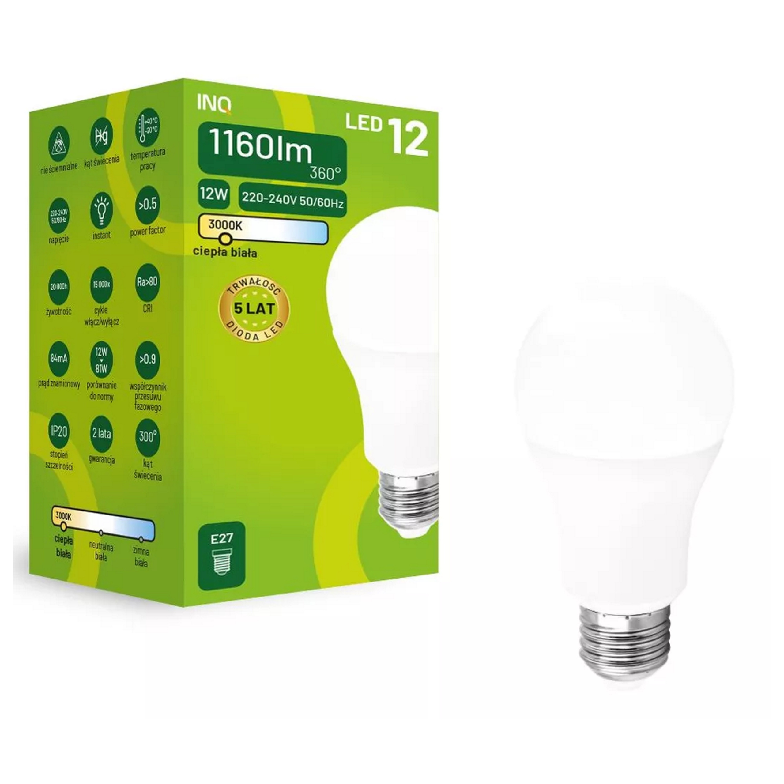 

Inq lampa Led E27 12W 1160lm A60 3000K Ciepła