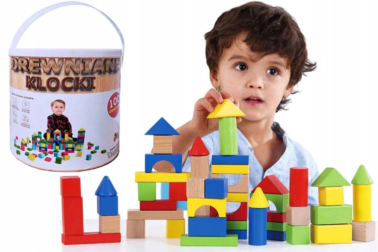 DREWNIANE KLOCKI 100 szt. we Wiaderku Sorter dziec