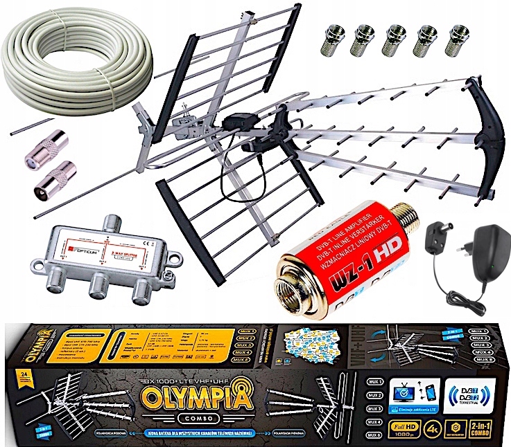 Antena Kierunkowa BX1000 DVBT2 Tv Naziemnej Olympia do 200km 3TV +kabel 15m