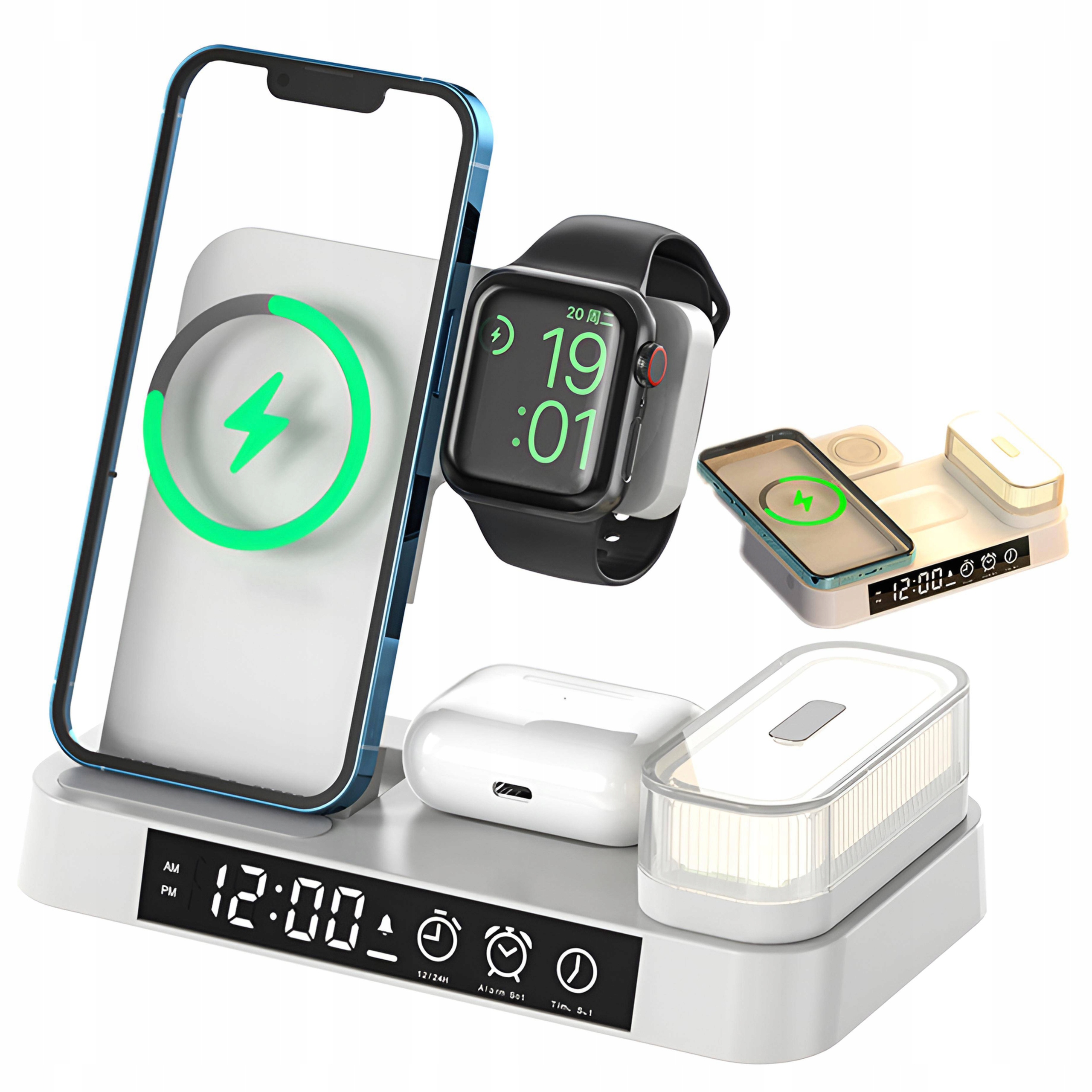 Ładowarka Indukcyjna Bezprzewodowa Do Apple Iphone Watch Lampka Led Budzik