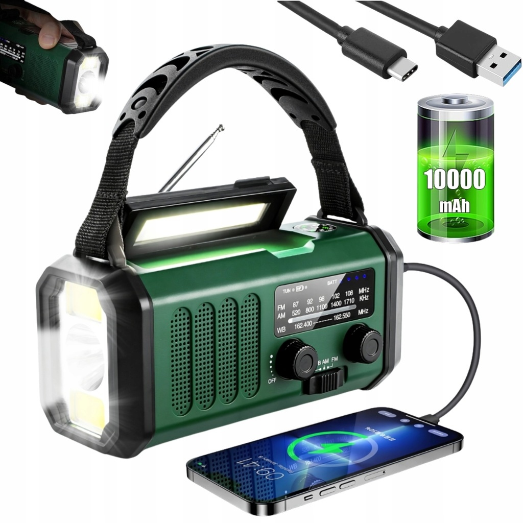 10000 mAh Solární rádio pro nouzové a povětrnostní podmínky Am Fm Sos s Usb nabíječkou a kompasem