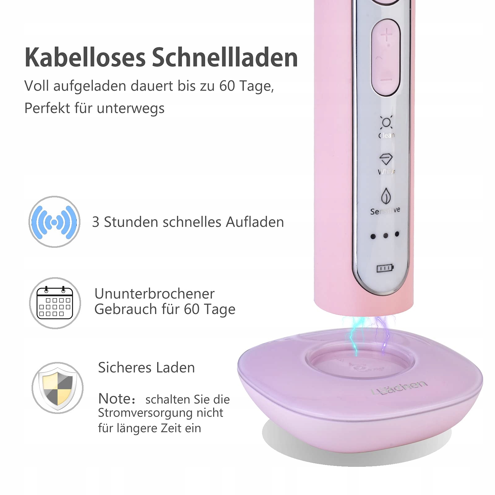 LÄCHEN Szczoteczka Soniczna Elektryczna 4 Końcówki Timer 3 Tryby Różowa — miniatura 5