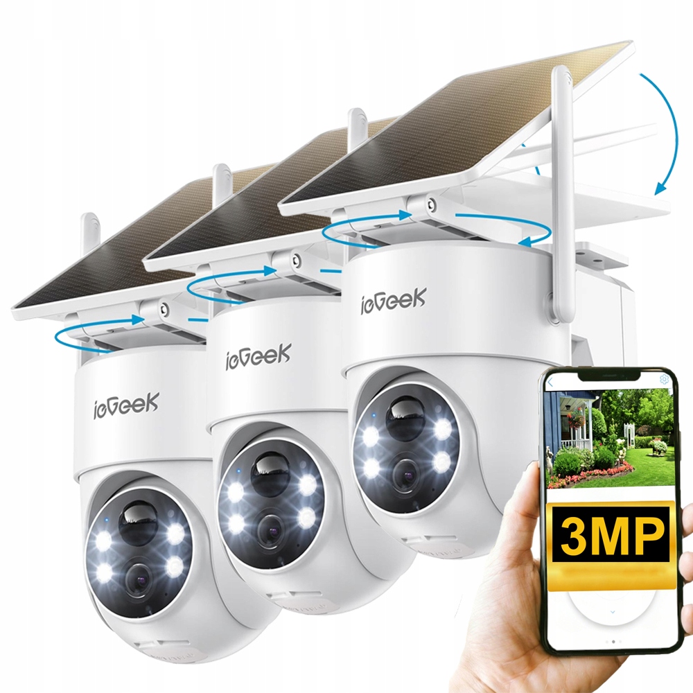 3 kusy 3MPX otočná solární kamera detekce těla Pir 360° Otočná