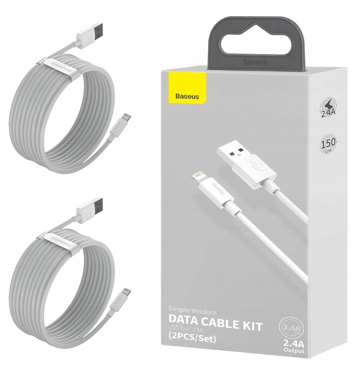BASEUS przewód kabel USB - Lightning 2SZT 2,4A DO IPHONE IPAD 1.5M MOCNY