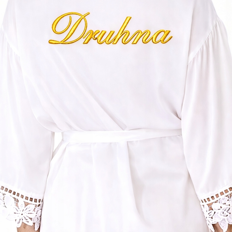 Saténový župan dárek plus size Druhna s krajkou a výšivkou 2XL