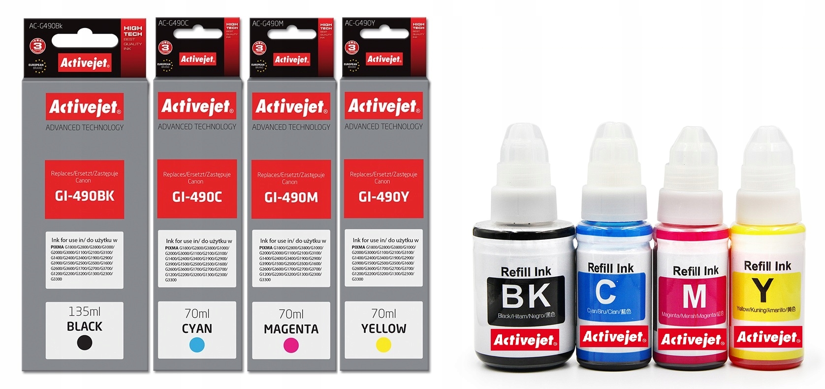 

4x Tusz ActiveJet do Canon GI490 G1400 G2400 G3400