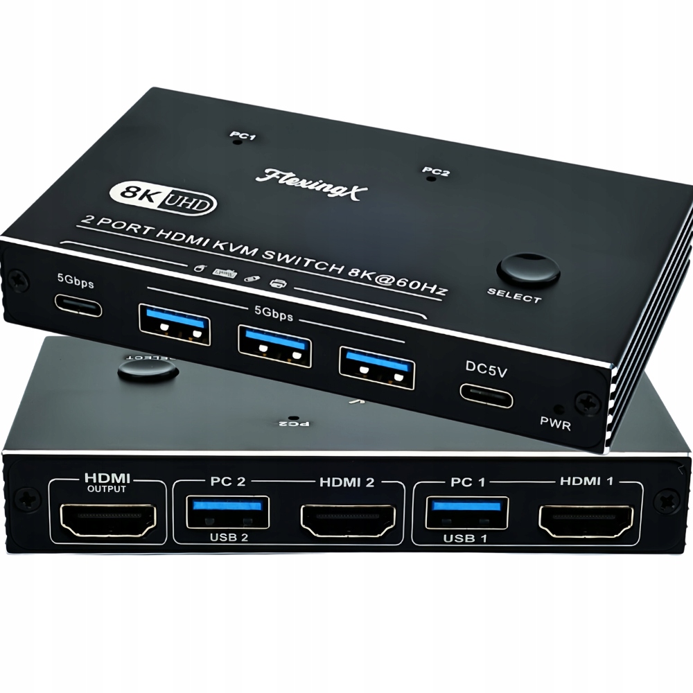 Hdmi Kvm Switch 2x1, 8K60Hz: 2 Počítače, 1 Monitor, 4x Usb 3.0 Hub