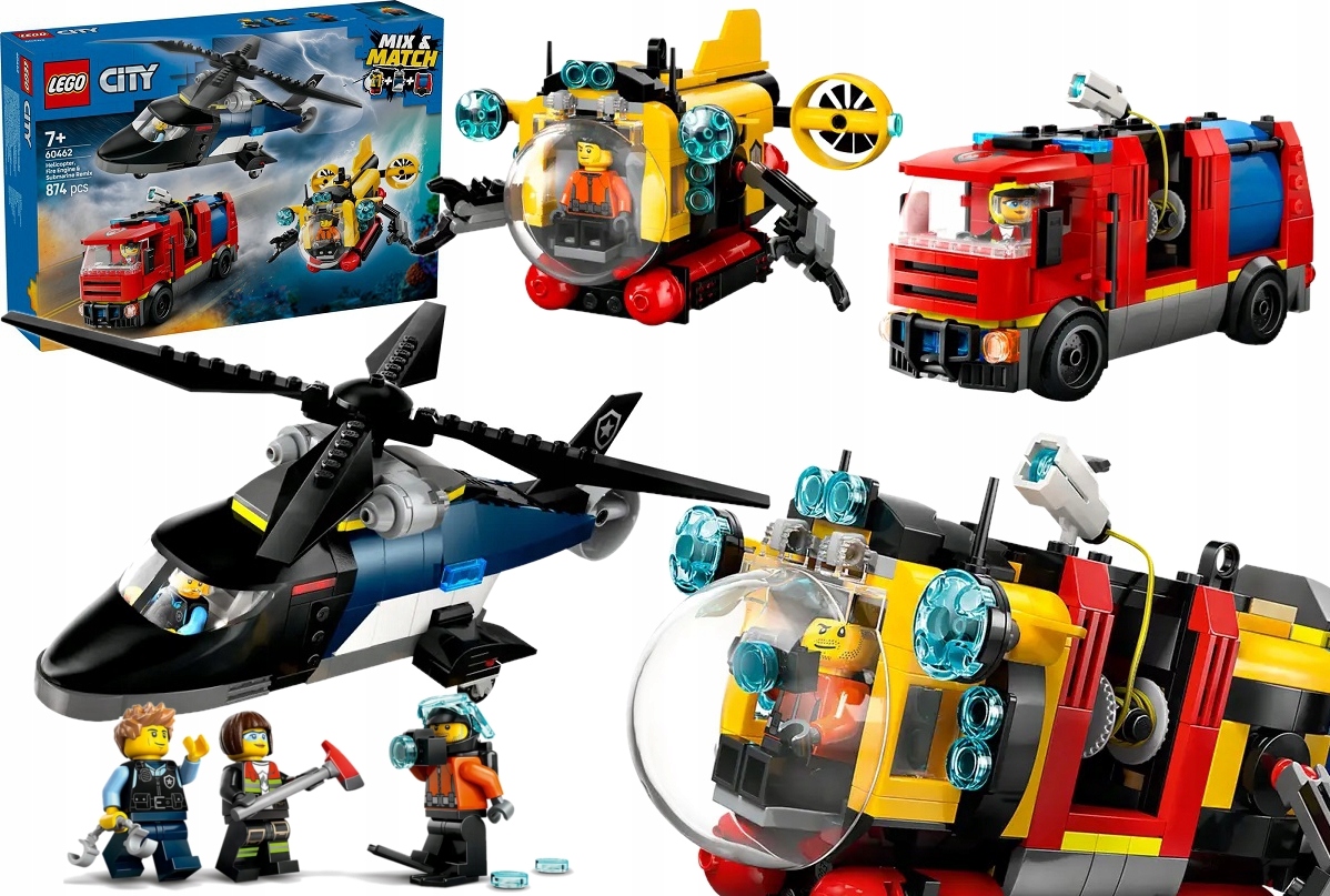 874 dílků stavebnice Lego City vrtulník hasičské auto loď 60462