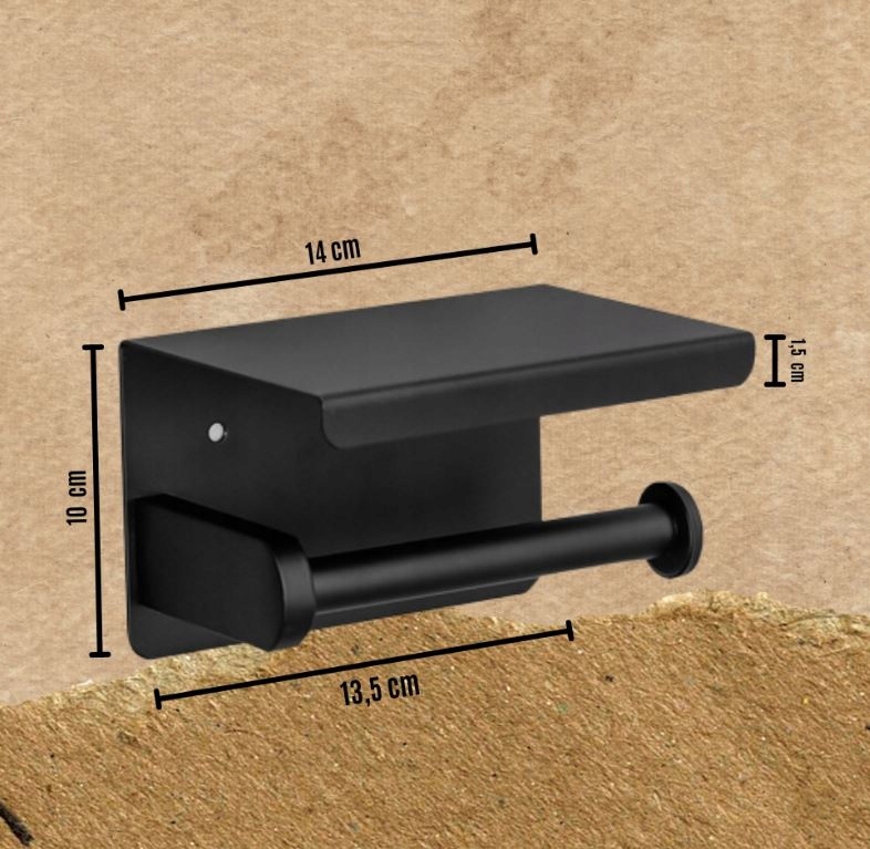 UCHWYT NA PAPIER TOALETOWY Z PÓŁKĄ NA TELEFON CHUSTECZKI CZARNY METALOWY WC Szerokość produktu 14 cm