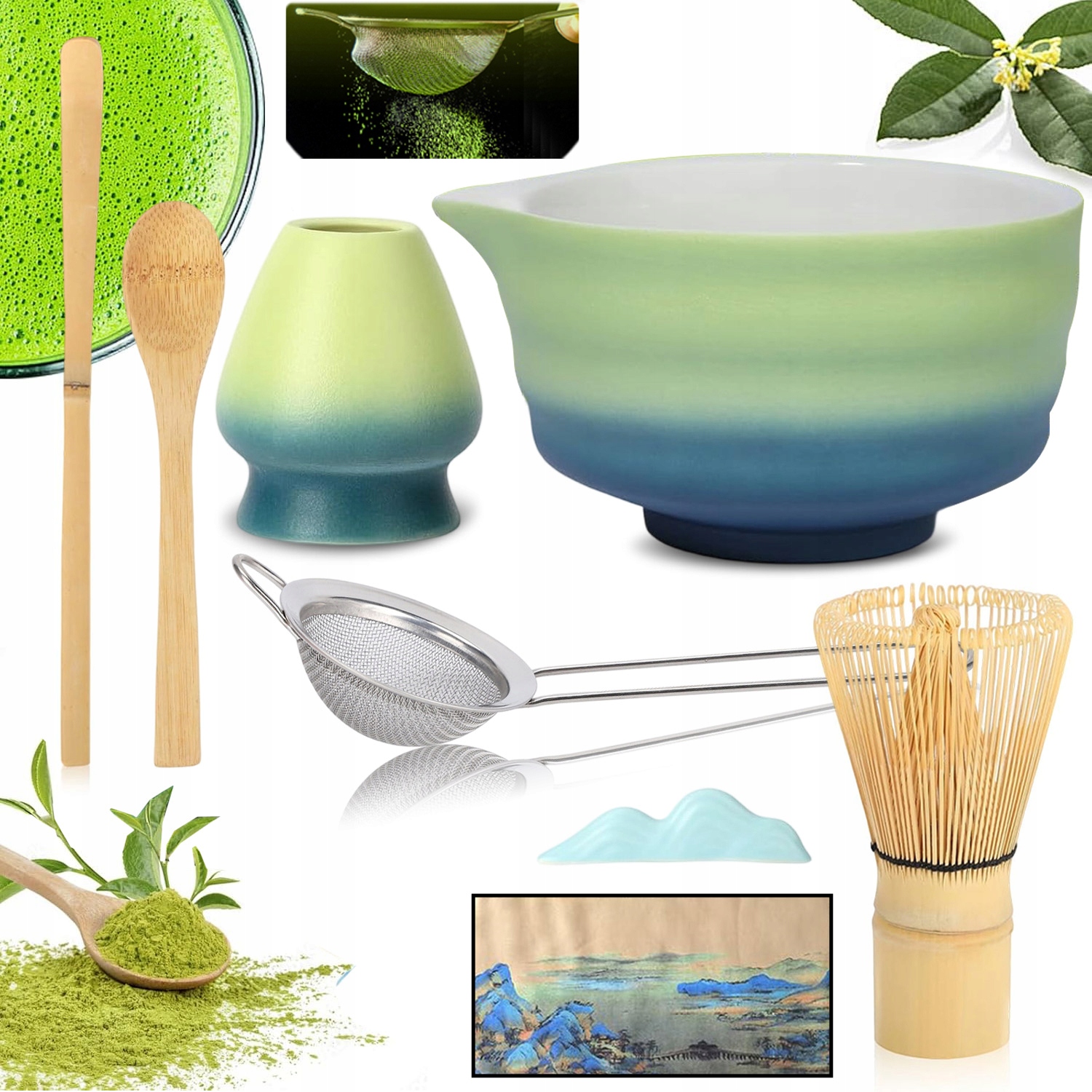 Levně Sada Na Matcha 7 V 1 Keramická Šálek Metlička Lžička Na Čaj Matcha