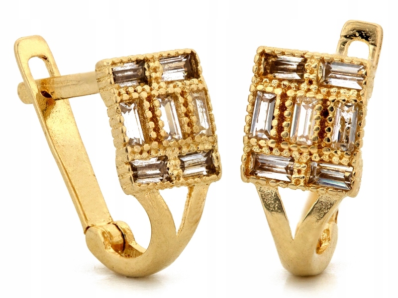 Zlaté náušnice 585 geometrické s zirkony na anglickém módním zapínání