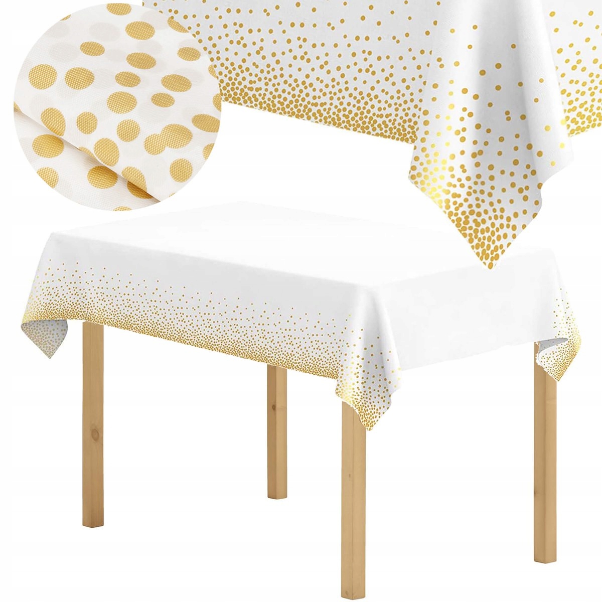 OBRUS FOLIOWY PLAMOODPORNY JEDNORAZOWY NA STÓŁ BIAŁY ZŁOTE KROPKI KONFETTI Wzór dominujący kropki