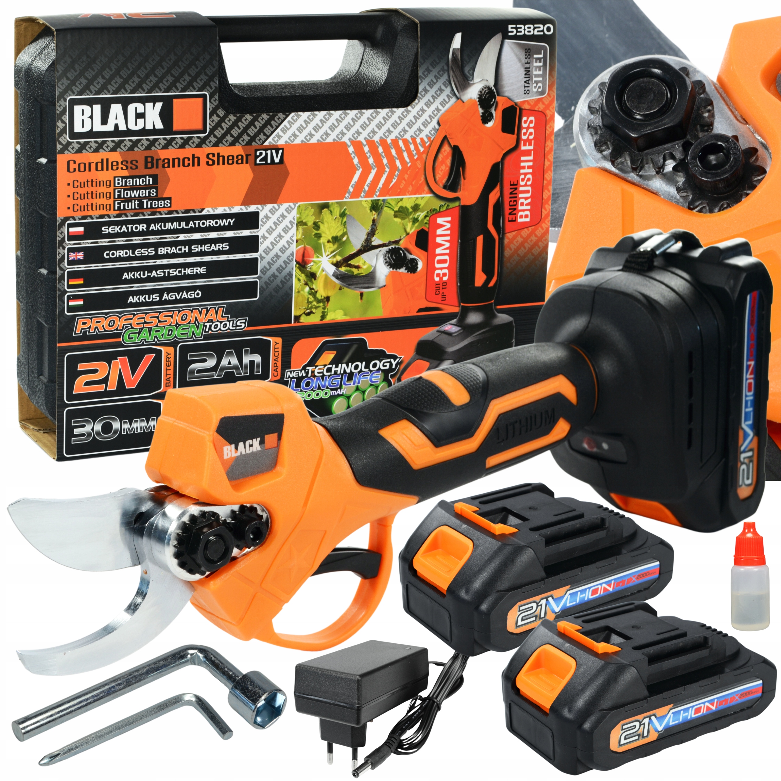 Set Záhradné Akumulátorové Nožnice Elektrický 30 mm 100 W 2 x Akumulátor 2Ah Black