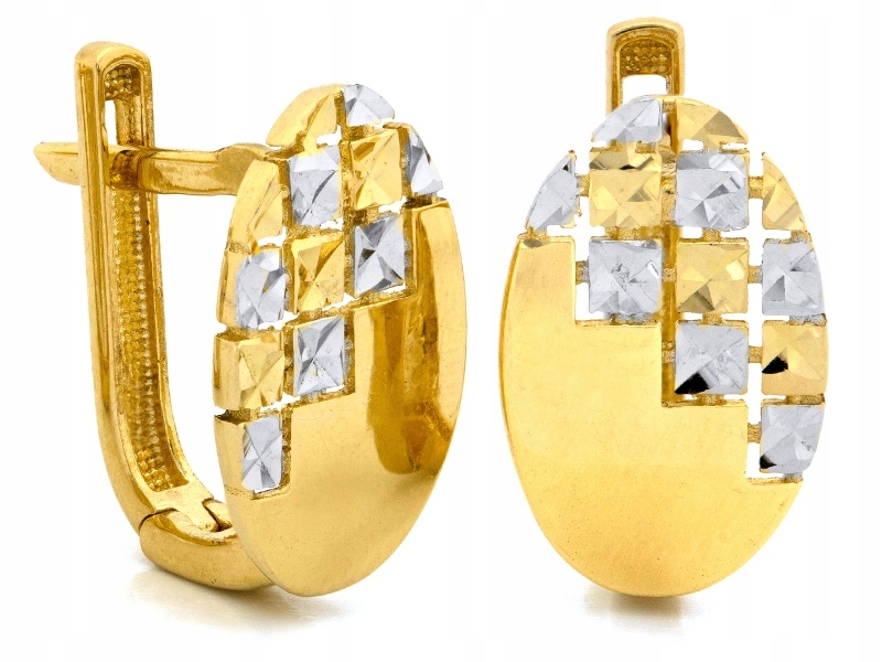 Náušnice zlaté 585 anglické zapínání zdobené dvoubarevnými čtverečky